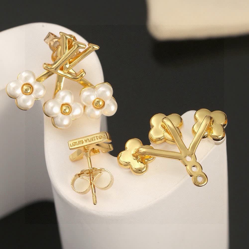 Louis Vuitton Gold Tone Pearl Flower Stud Earrings